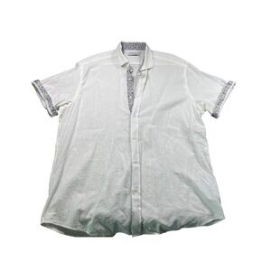 Marcello White Cotton Linen Blend Short Sleeve Button Front Shirt XL Floral Trim